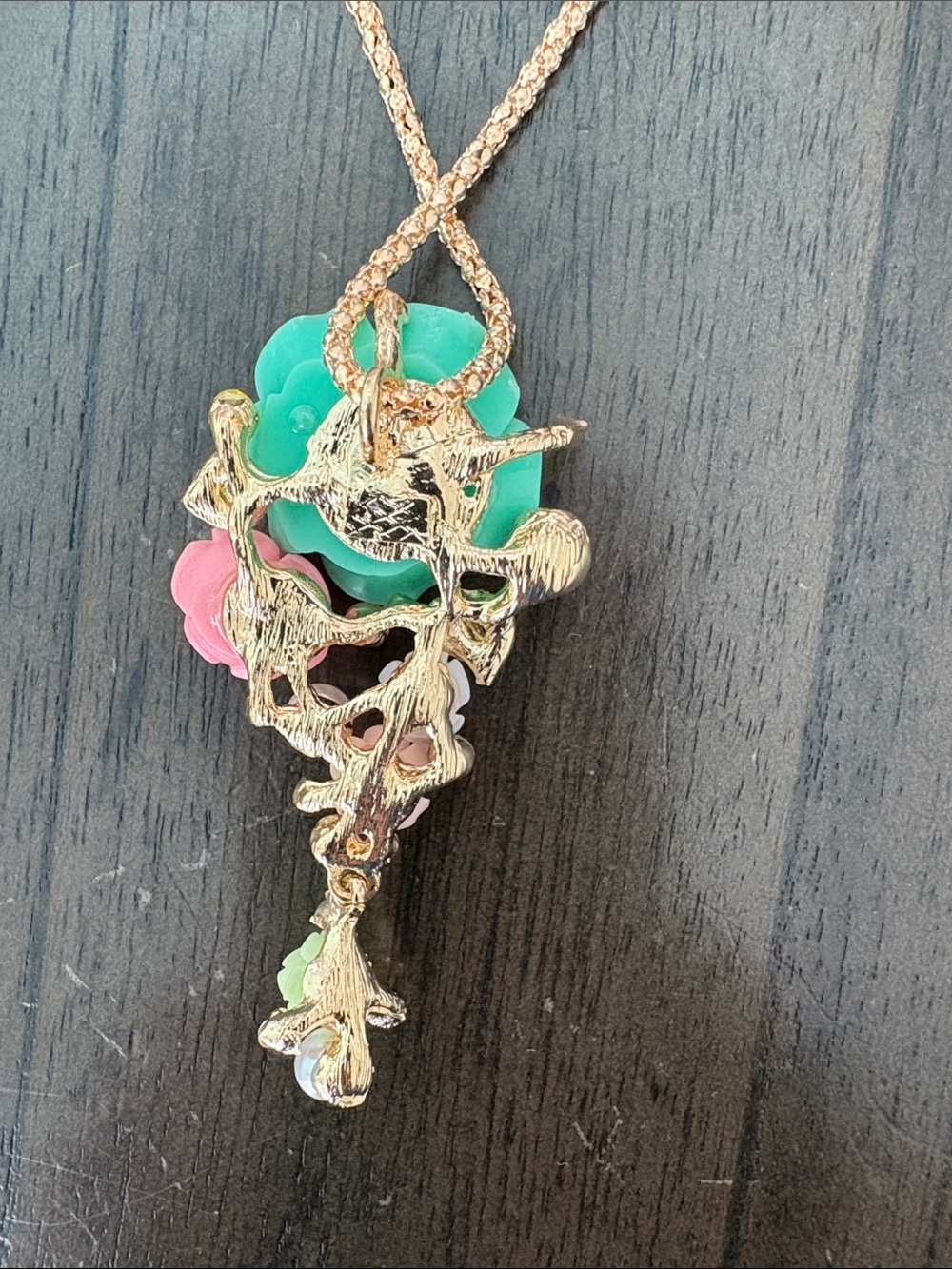 Betsey Johnson Gold-Tone Necklace with Turquoise and Pink Floral Pendant - Picture 6 of 7